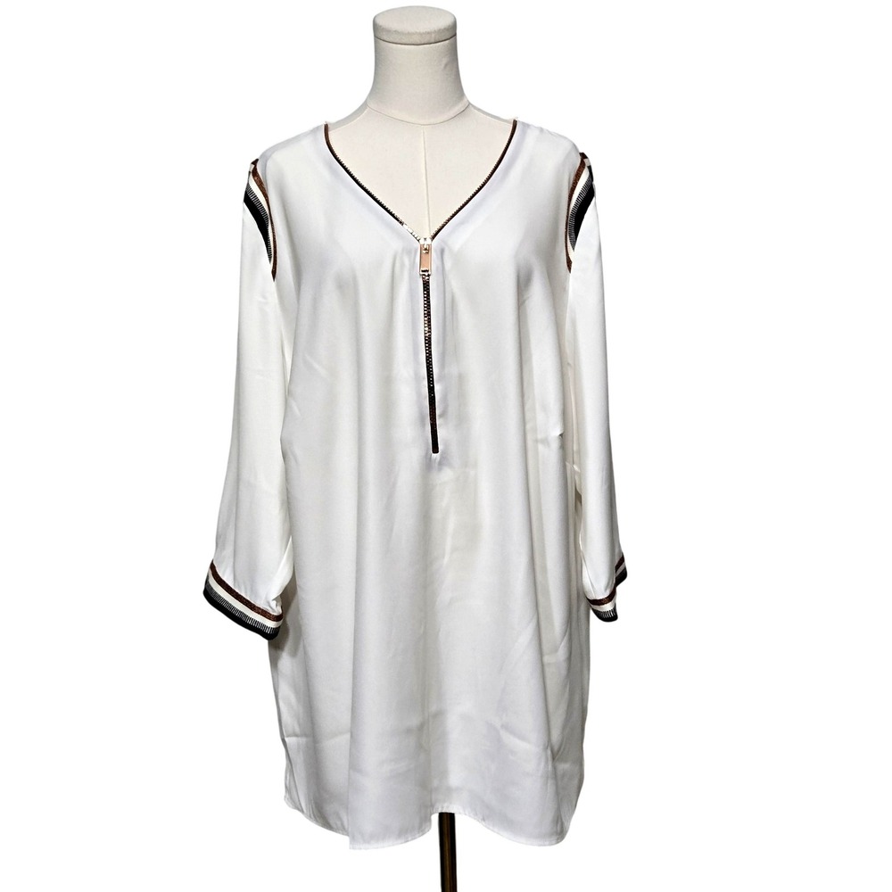 Ambria Womens 22 Plus Tunic Blouse White Brown Zip Accent 3/4 Sleeve